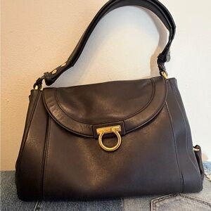 Salvatore Ferragamo Black Leather Shoulder Bag with Gold Hardware